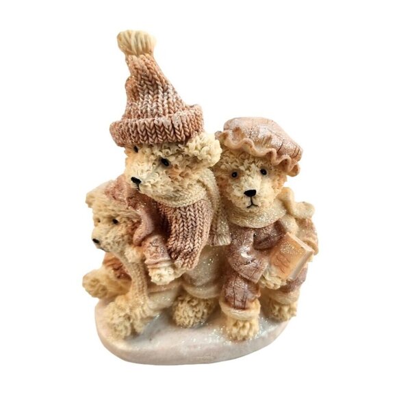 VTG Mama Papa Bear Figurine With Cub Winter Design with pink hats - Picture 1 of 10